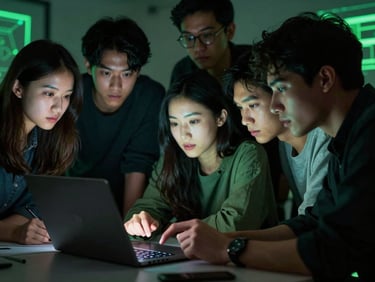 Collaborative workshop group huddled around a laptop, discussing a digital art project, glowing screen light on faces, deep shadows, vibrant cyber-green accents, shallow depth of field, 35mm