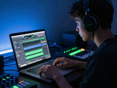 Student wearing headphones, focused on a laptop screen displaying music production software, surrounded by MIDI controllers, atmospheric lighting with blue screen glow, shallow depth of field, 35mm