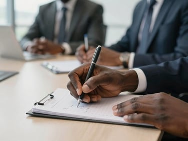 Close-up of West African professional hands writing notes in a clean, modern corporate meeting room, soft focus background.