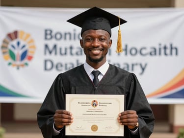A joyful West African graduate holding a certificate, smiling proudly in front of an institutional banner, warm daylight, authentic emotion.