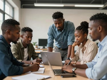 A group of young professional West African adults collaborating around a table in a modern workshop space, natural light, focused atmosphere.