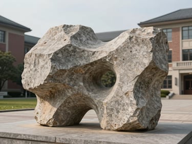 Wide environmental photograph of a large abstract limestone sculpture installed in a university courtyard, overcast afternoon light, stone detail visible in the foreground, campus architecture soft in the background, no people present