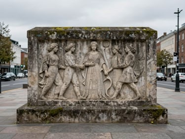 Close environmental shot of a carved stone civic memorial set into a paved public plaza, photographed under flat overcast light — stone surface weathered with moss at the base, no people, wide framing showing surrounding urban landscape