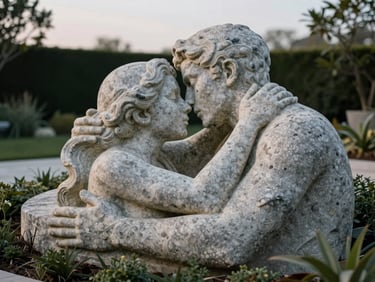 Intimate garden photograph of a hand-carved travertine garden sculpture resting in a private landscape, surrounded by low ground cover, photographed under soft morning overcast light, no people, stone texture crisp in the foreground
