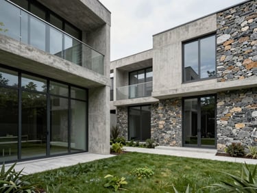Modern residential architecture with concrete and local stone, lush green courtyard visible through glass