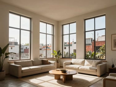 Sunlit interior of an apartment in Condesa, tall windows, high ceilings, warm minimalist furniture