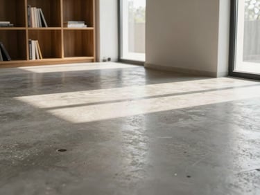 Polished concrete floor, minimalist wooden bookshelf, warm afternoon light streaming through a large window