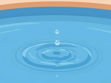 Close-up of water droplet falling into a calm blue pool, creating perfect concentric ripple waves, high speed photography