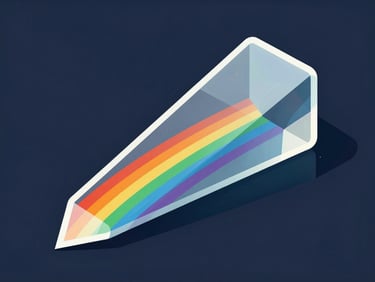 Macro shot of a glass prism splitting white light into a sharp rainbow spectrum on a dark surface, clean physics illustration