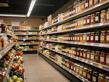 Wide environmental shot of a specialty food market interior during quiet morning hours, shelves stocked with jars and produce, warm ambient light from overhead fixtures, no customers visible