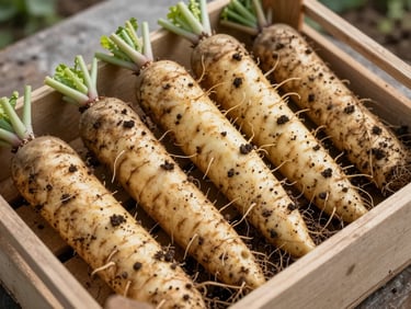 Overhead close-up of freshly harvested root vegetables arranged loosely in a wooden crate on a farm table, soil still visible on the roots, soft overcast morning light, no hands or faces