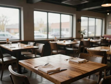Wide shot of a quiet restaurant dining room during morning prep, wooden tables set simply, soft daylight coming through tall windows, a single place setting in the foreground, no people visible