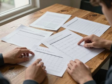 Wide shot of a small agency planning table, overhead angle, printed content calendars and handwritten notes spread across a worn wooden surface, two sets of hands visible pointing at a layout, soft diffused daylight from a side window, no faces shown