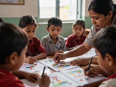 Close-up of a teacher in a rural Nepalese classroom guiding children through illustrated mother-tongue learning materials, natural window light, warm editorial photography, authentic interaction