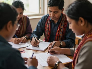 Close-up of Nepalese teachers collaborating on curriculum development, using local materials and traditional patterns, natural light, warm editorial photography.