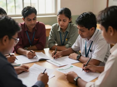 A group of Nepalese municipal education officers collaborating during a workshop, reviewing policy documents and toolkits, natural light, warm editorial photography