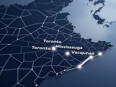 Sleek modern digital map of Southern Ontario and the Greater Toronto Area, glowing nodes highlighting Toronto, Mississauga, and Vaughan, clean tech-corporate UI overlay, deep navy and silver tones, sharp focus.
