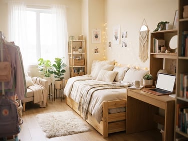 Styled teen bedroom with space-optimized furniture, bright diffused morning light, pastel and natural wood tones, shallow depth of field, 35mm