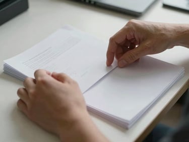 Tight shot of hands organizing clean paperwork on a desk, conveying precision and structure.