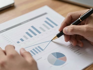 Macro close-up of hands reviewing structured balance sheets and financial charts on a wooden desk, clean daylight, professional setting.