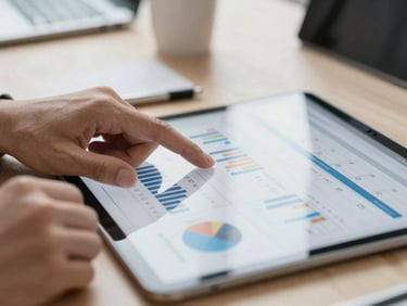 Macro-focused detail of hands reviewing financial documents and data dashboards on a tablet in a bright modern workspace.