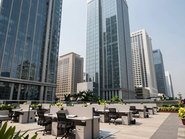 Wide environmental shot of a modern Indian financial district workspace with bright natural daylight.