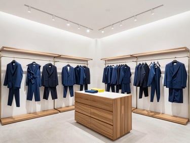 Sleek luxury retail clothing store interior with custom wooden display racks and recessed LED lighting, daylight.