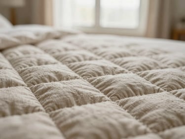 Macro shot of organic cotton quilt stitching, showing the raw texture and heirloom weave, soft overcast window light, shallow depth of field, warm tactile minimalism, 35mm.