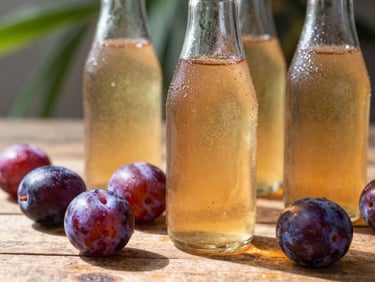 Macro close-up of a chilled glass bottle of plum tea with fresh whole purple plums resting on a rustic wooden surface under warm tropical afternoon sun.