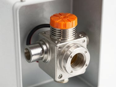 Industrial solenoid valve box with clean wiring and stainless steel enclosure, macro depth of field