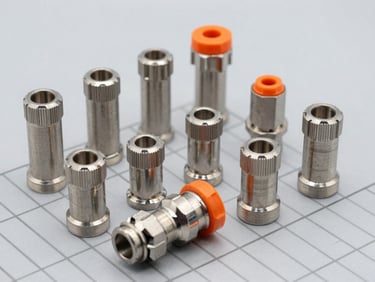 A selection of high-precision stainless steel sampling cylinders and quick connects arranged on a technical grid