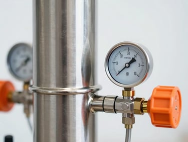 Close-up macro shot of a stainless steel closed-loop chemical sampler, pressure gauge visible, clean industrial studio lighting