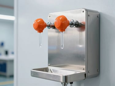 Stainless steel industrial emergency eyewash station with safety orange spray heads, clean daylight factory setting