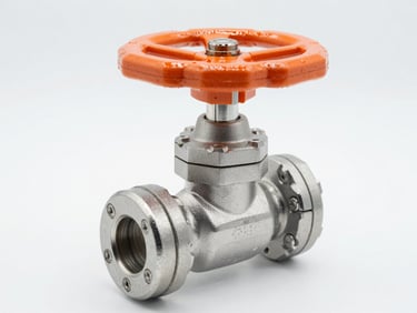 Close-up of a heavy-duty industrial sampling valve with handwheel, polished steel finish, clean studio light