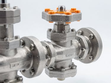 Macro detail of an industrial automatic water draining device with heavy-duty steel valves, cool metallic tones