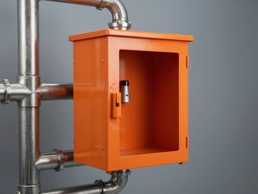Safety orange industrial emergency eyewash station, stainless steel piping, clean-room assembly, high-contrast studio lighting