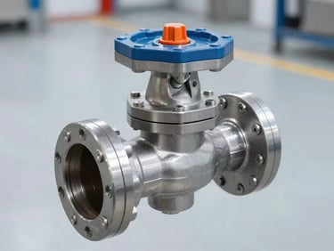Industrial automatic water draining device with heavy-duty valves and actuators, cool steel tones, clean factory floor background