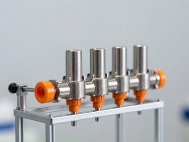 Close-up of a stainless steel closed-loop chemical sampling system mounted on a metal rack, technical gray background, sharp focus