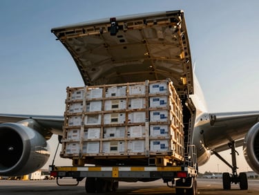 Close-up of specialized cargo being loaded into a cargo plane, industrial editorial photography, high-contrast daylight
