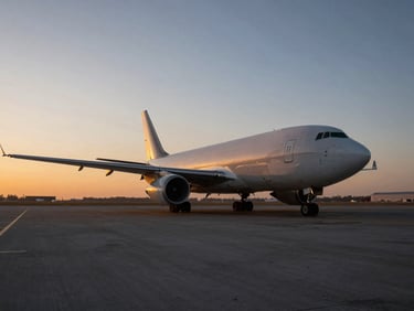 Cargo plane on a tarmac at dawn, industrial lighting, wide-angle lens, sharp focus