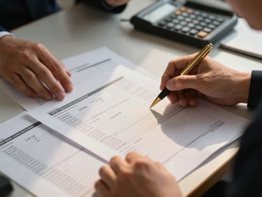 Close-up of a customs broker's hands reviewing complex shipping manifests on a desk, with a gold pen, under crisp office lighting, focus on documents.