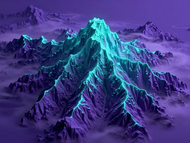 Surreal 3D render of a massive digital mountain range, glowing neon cyan ridges, deep violet valleys, swirling volumetric mist, octane render