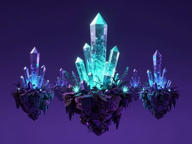 Surreal 3D render of a floating forest with glowing crystalline structures, deep violet and neon cyan tones, volumetric lighting, cinematic wide-angle, octane render