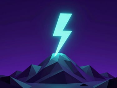 Macro 3D render of a neon cyan lightning bolt striking a low-poly mountain peak, deep violet background, bioluminescent glow, octane render.