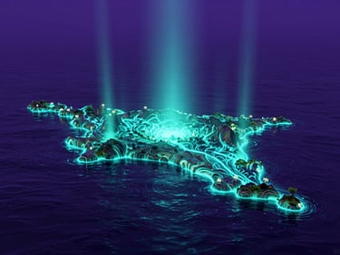 Surreal 3D render of a glowing digital archipelago, neon cyan bioluminescent tides pulsing through deep violet water, volumetric light shafts, octane render
