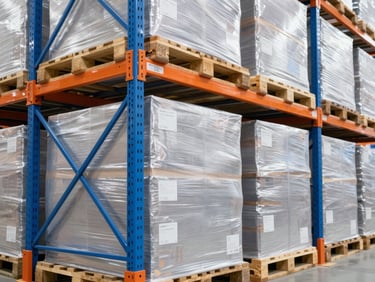 Close-up of organized pallet racking with neatly stacked inventory, clear labeling, bright high-key warehouse lighting, crisp industrial photography, clean blue and orange accents, sharp focus