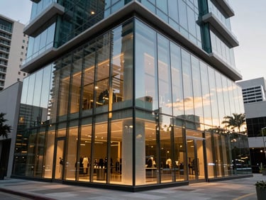 Sleek geometric glass storefront in Miami Design District, dramatic reflections, architectural twilight