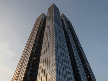 Dramatic low-angle architectural rendering of a sleek 80-story glass skyscraper in Brickell during golden hour, high-contrast reflections, sharp details.