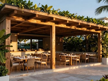 Wide-angle shot of a luxurious open-air restaurant pavilion in Miami, warm golden hour lighting, modern wooden beams, lush green foliage