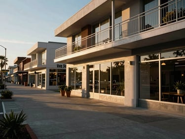 Street-level commercial development with wide sidewalks and modern storefronts under golden hour light, 35mm